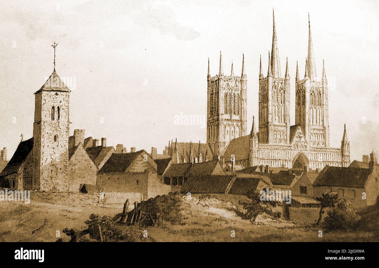 History of Lincoln, England - Lincoln Cathedral and the Old St Paul's church as it was in 1783 Stock Photo