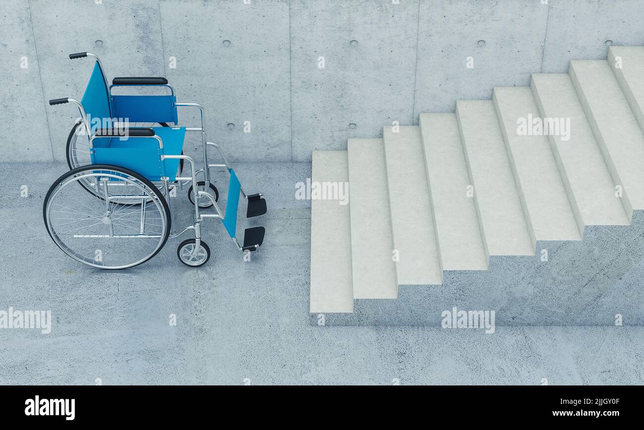 wheelchair for the disabled stops in front of a flight of stairs. 3d render Stock Photo