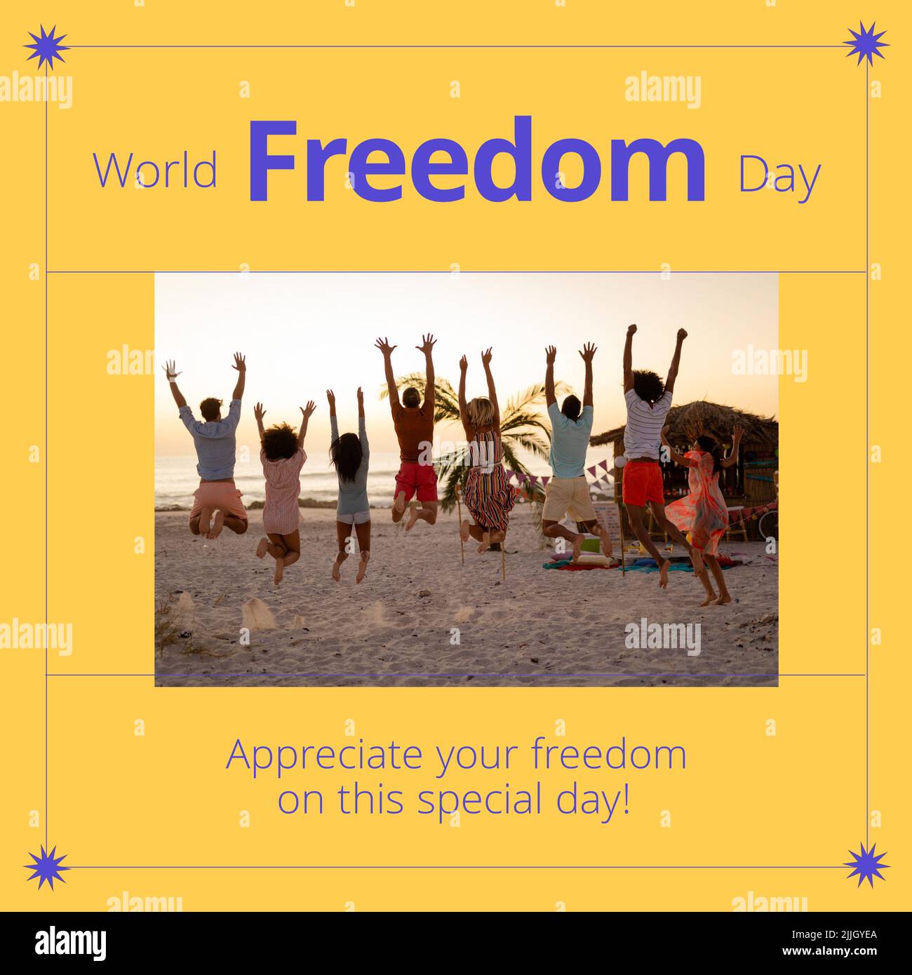 Image of freedom day over happy diverse friends jumping with joy on beach Stock Photo