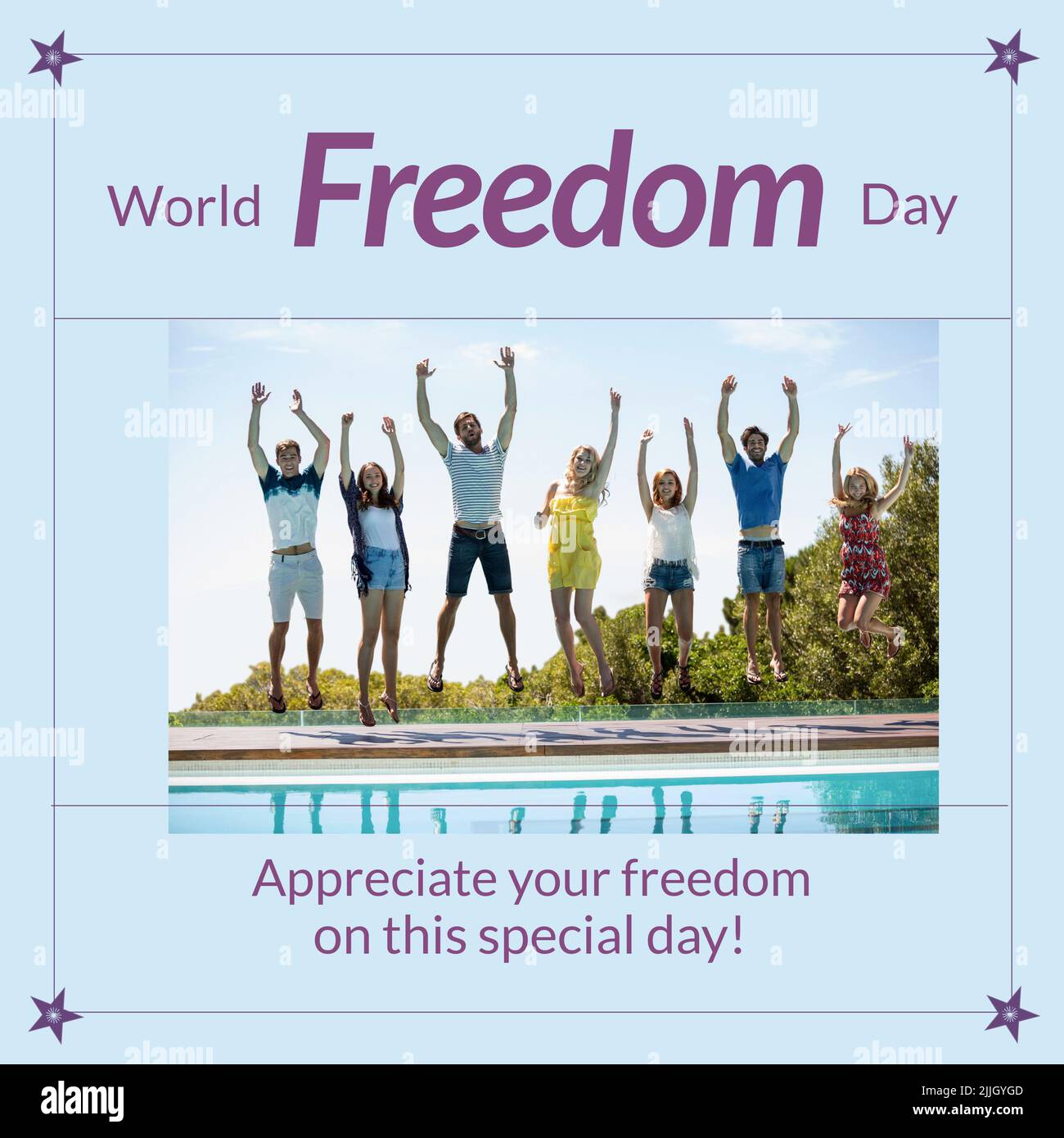 Image of freedom day over happy diverse friends jumping with joy at swimming pool Stock Photo