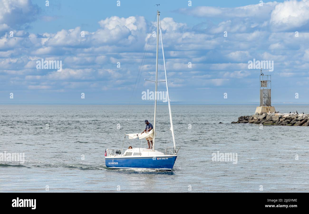 Private sailing vessel coming into montauk Stock Photo