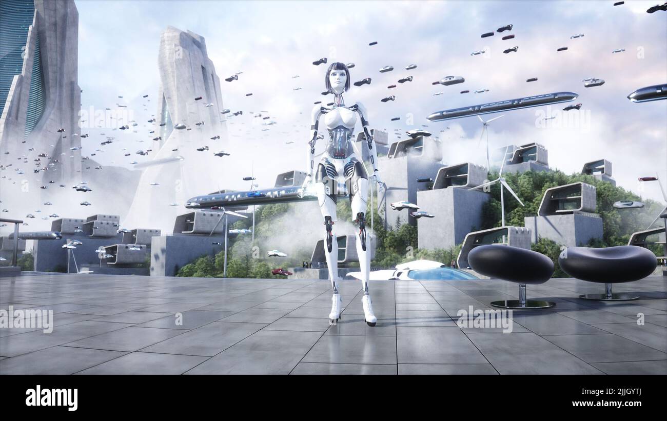 Female robot, droid. Futuristic city. flying car traffic. megapolice ...