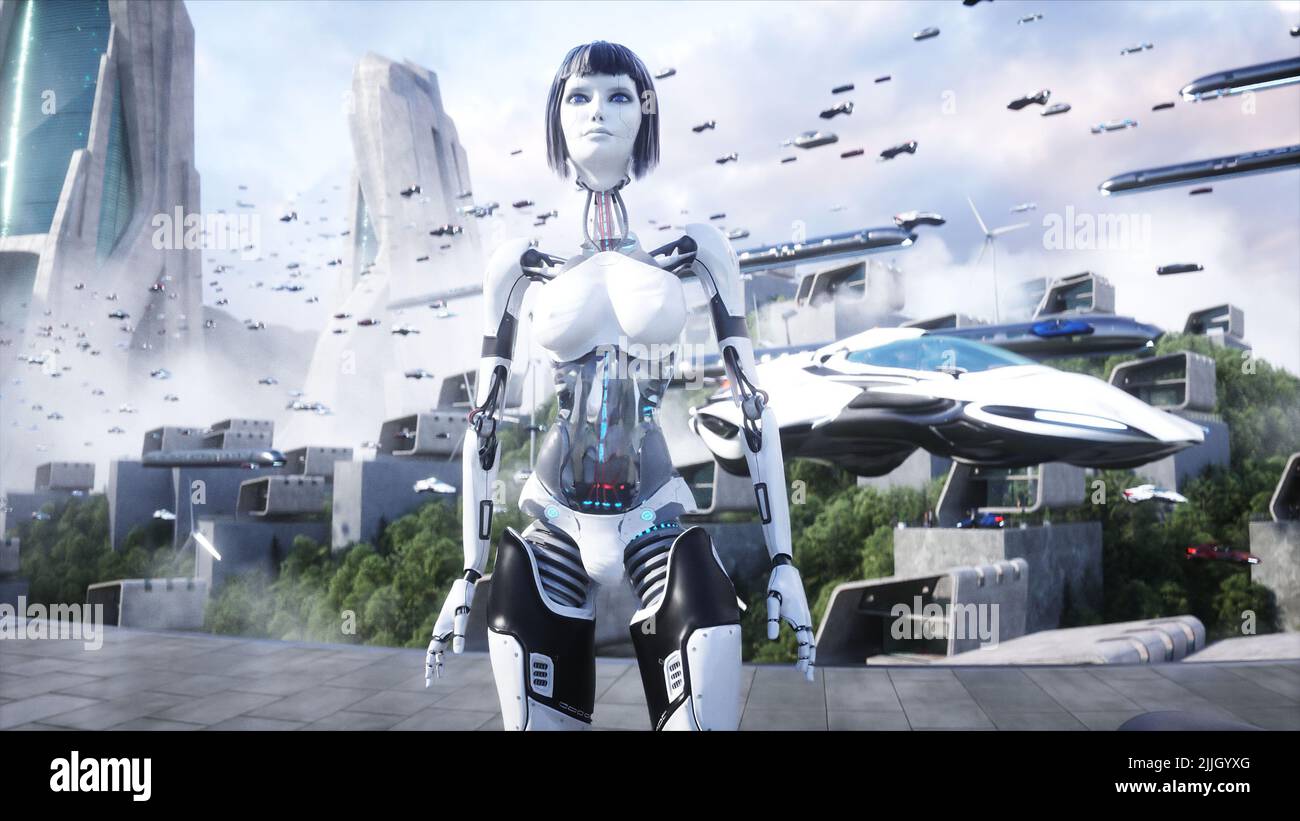 Female robot, droid. Futuristic city. flying car traffic. megapolice ...