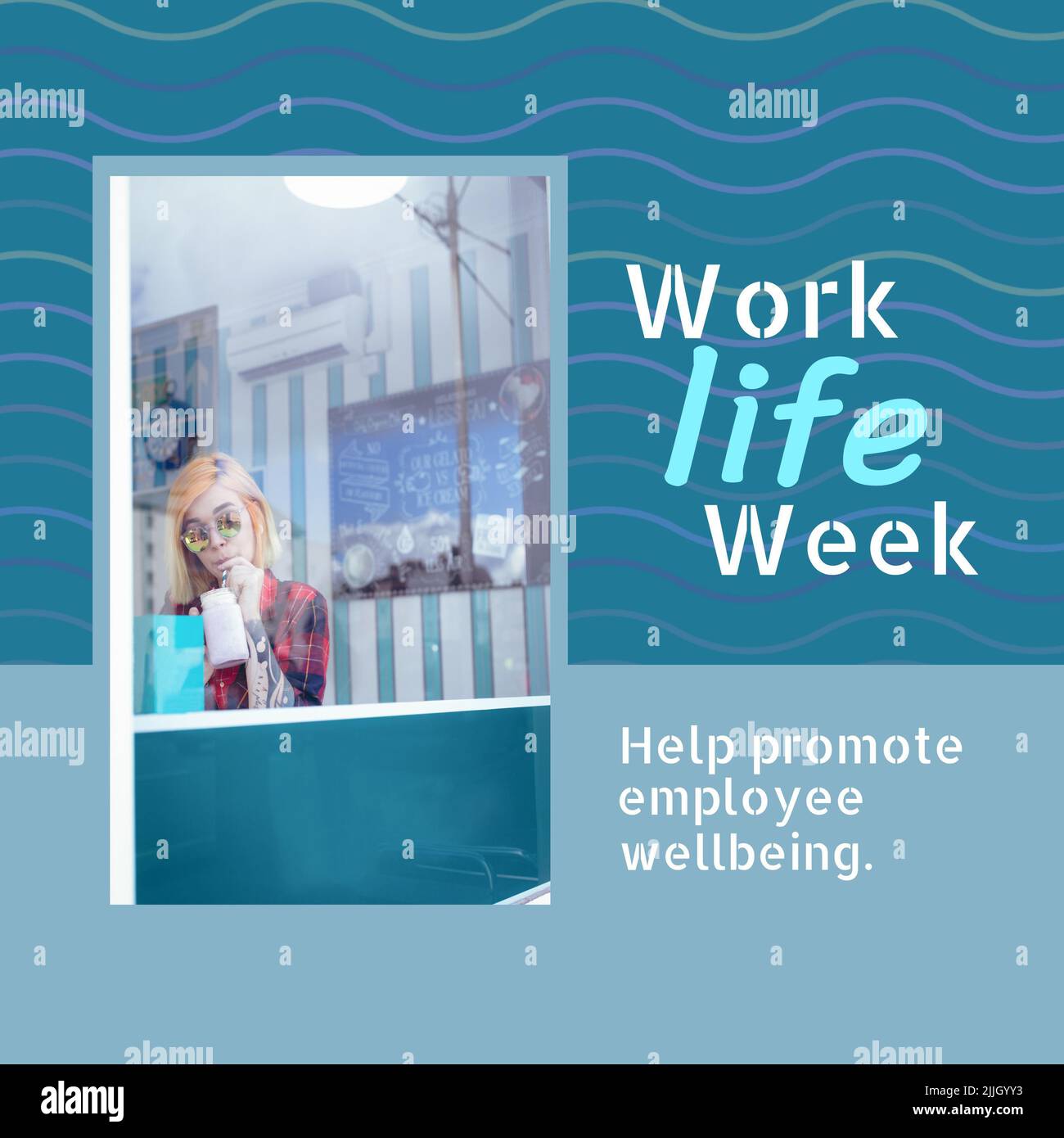 Image of work life balance week over caucasian woman drinking coffee ...