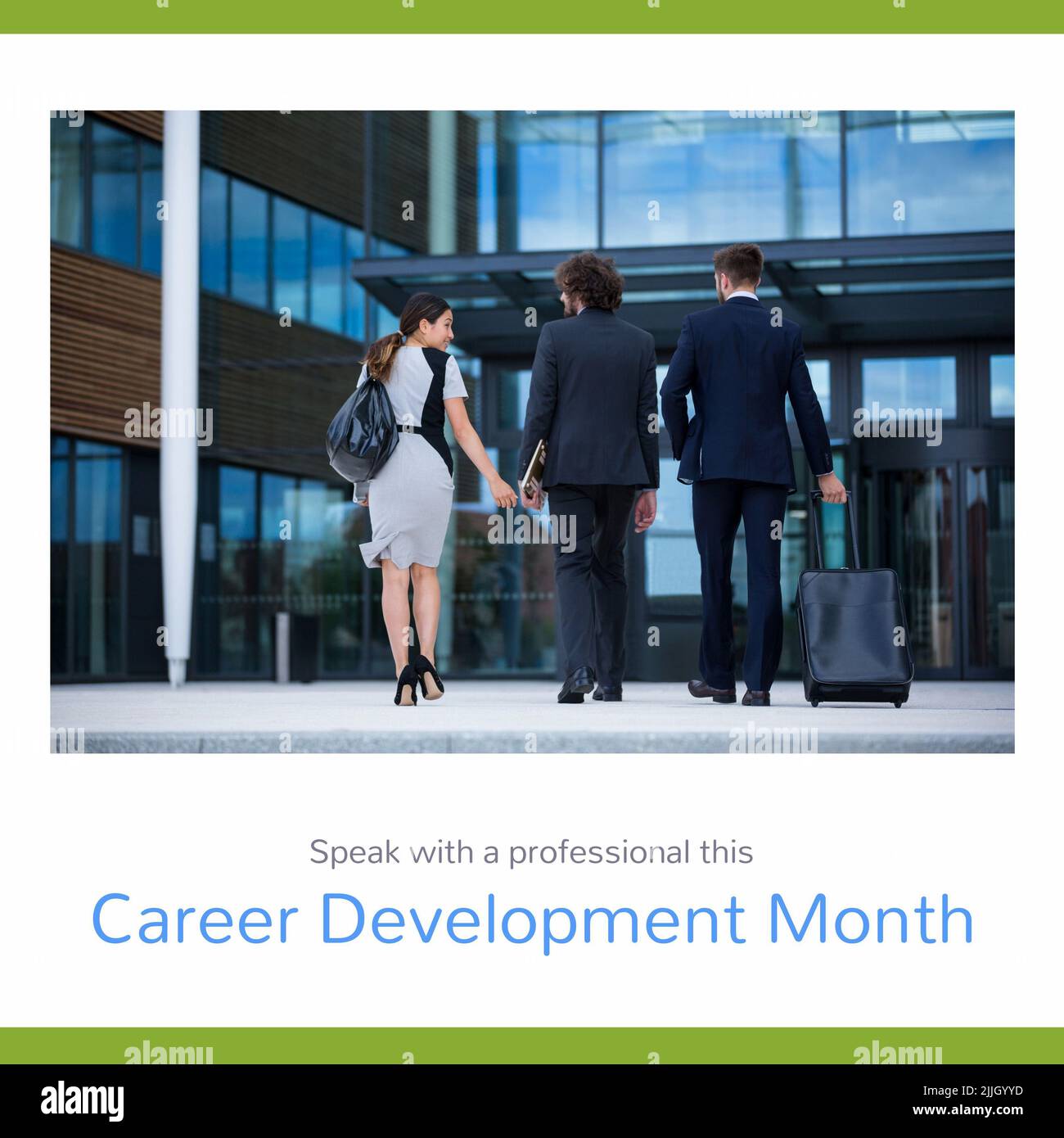 Image of career development month over back view of diverse businesspeople in front of office Stock Photo