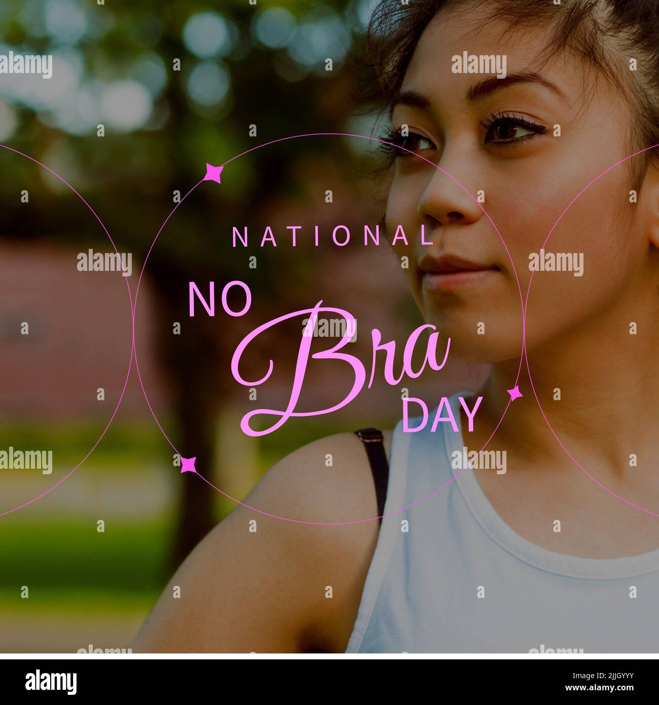Image of no bra day over midsection of asian woman jogging Stock Photo