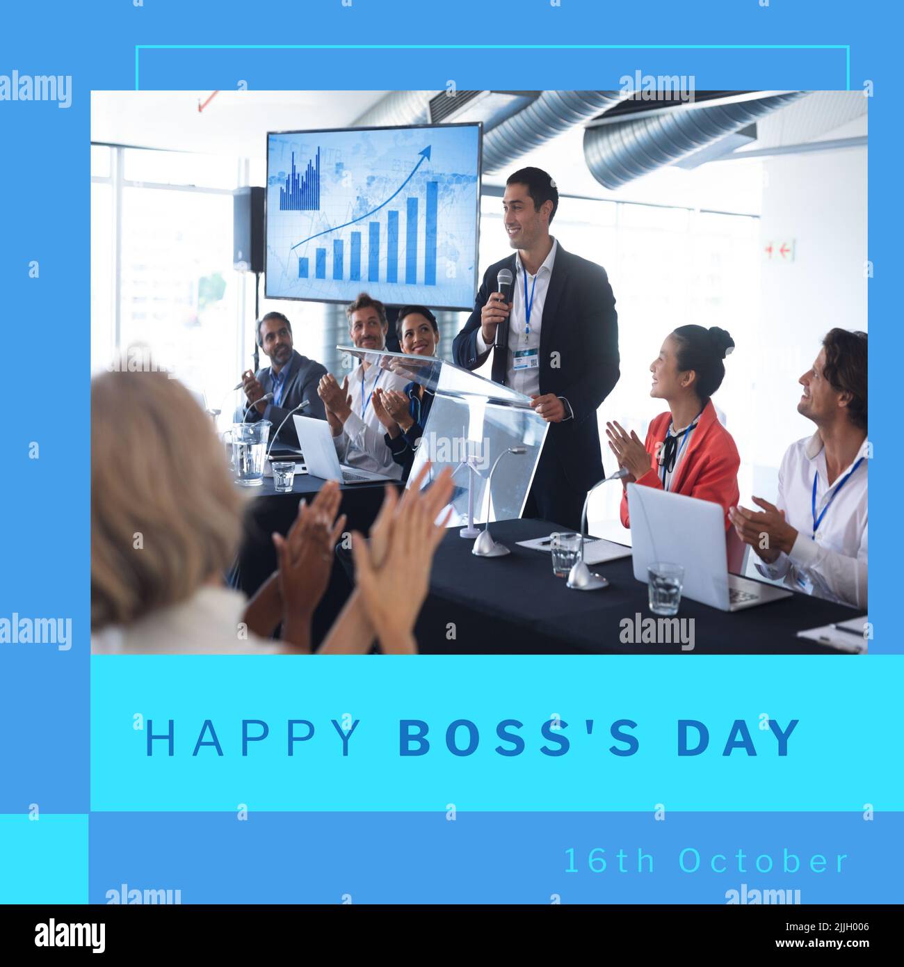 Image of happy boss day over caucasian male boss and diverse business