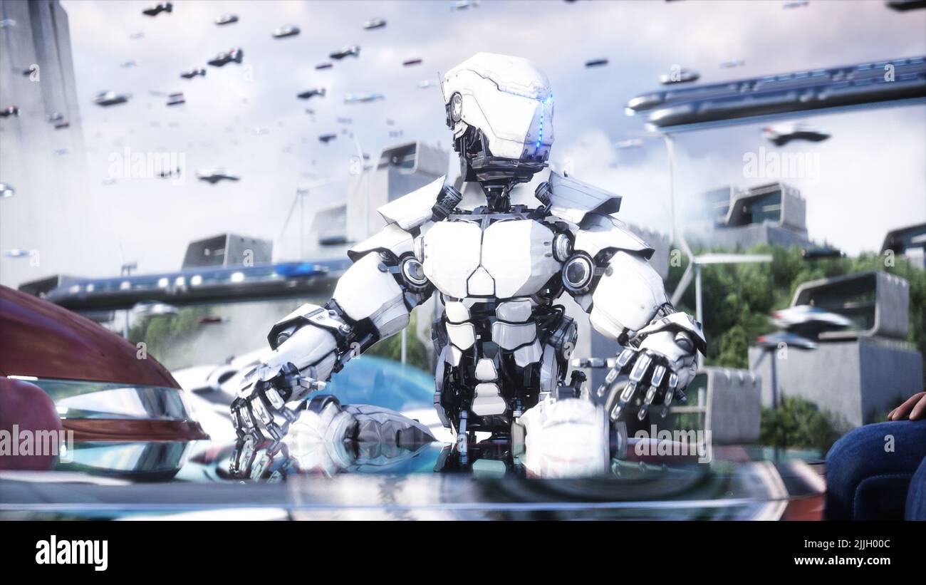 Robot, droid. Futuristic city. flying car traffic. megapolice. Future ...