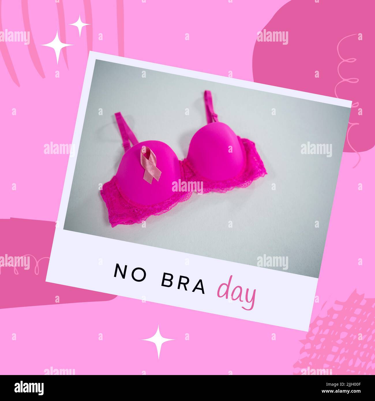 Image of no bra day over pink background and photo with pink bra Stock Photo