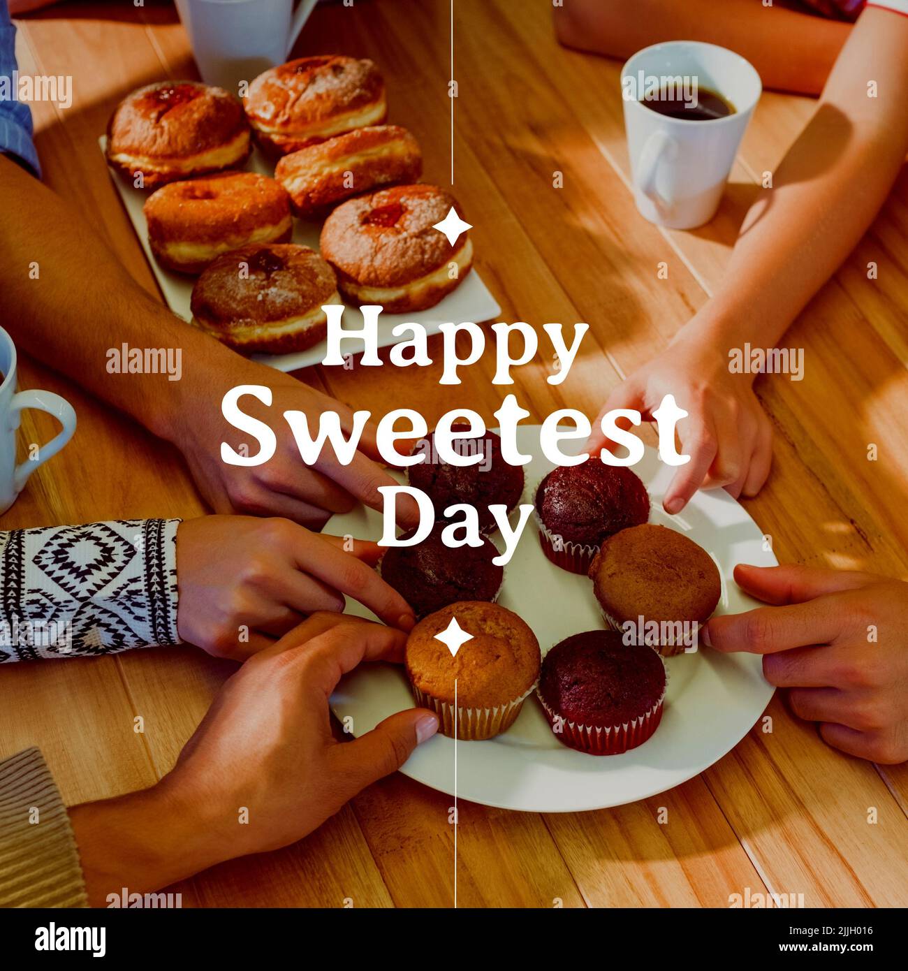 Image of happy sweetest day over coffee, cakes and hands of diverse
