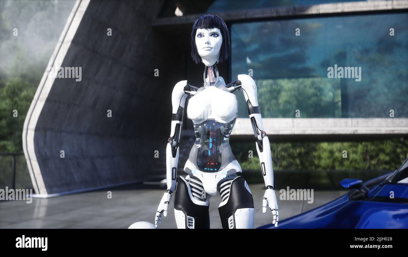Female robot with baby robot, droid. Futuristic city. flying car ...