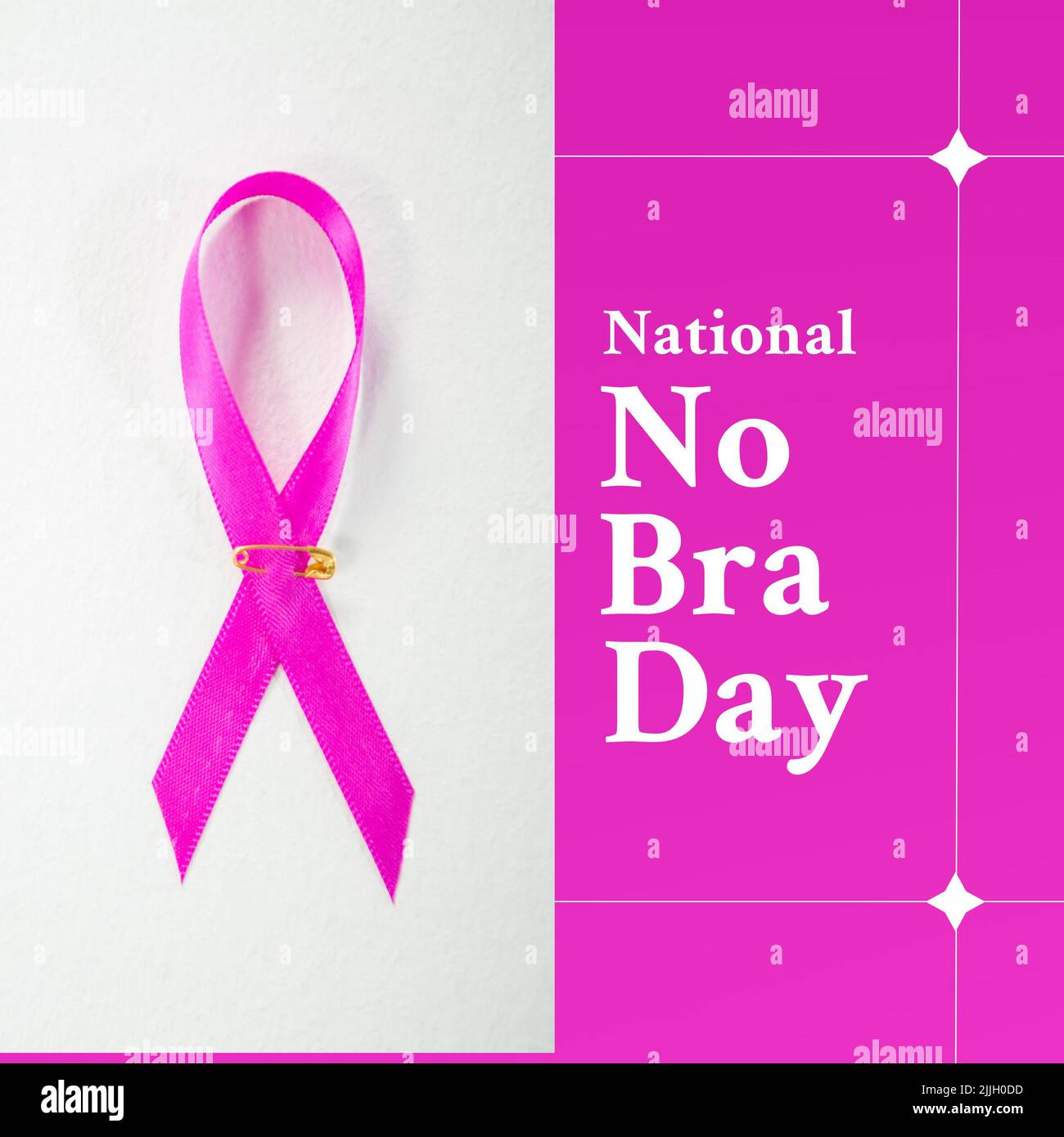 Composition of national no bra day text with pink ribbon on pink