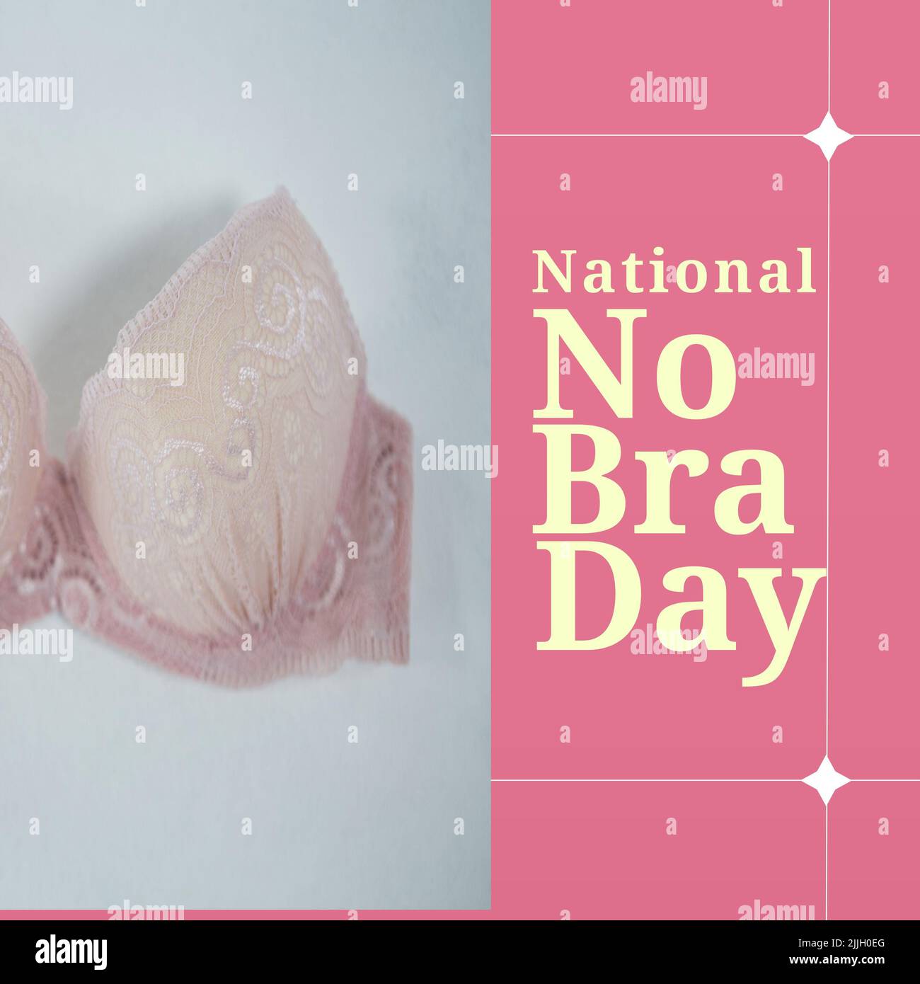 Composition of national no bra day text with pink bra on pink