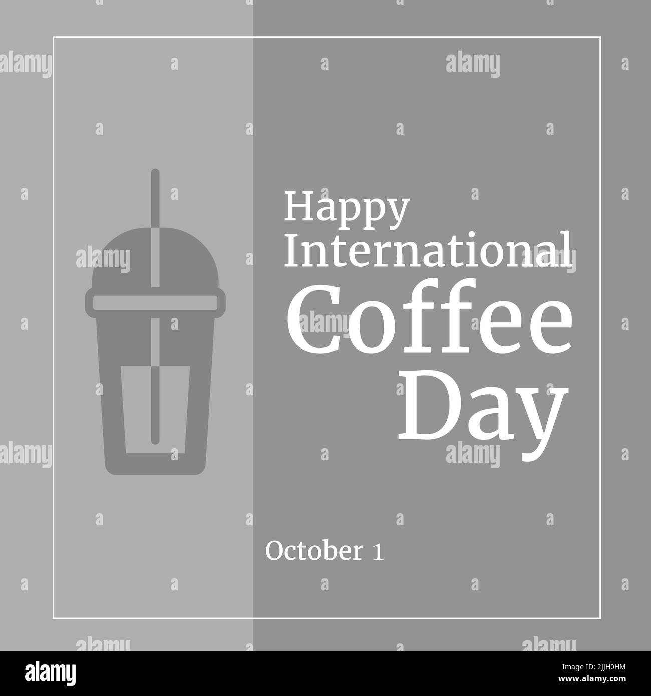 Image of happy international coffee day over grey background and cup of