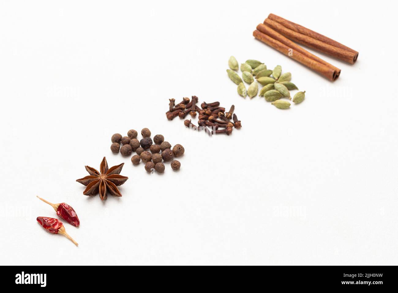 Spices lie in a row diagonally across the frame. Cinnamon sticks