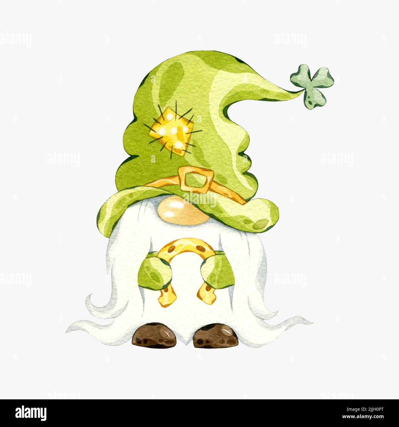 St Patrick's day leprechaun. Watercolor gnome with gold horseshoes ...