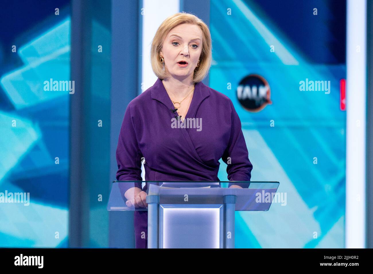 Liz Truss during The Sun's Showdown: The Fight for No10, the latest head-to-head debate for the Conservative Party leader candidates, at TalkTV's Ealing Studios, west London. Picture date: Tuesday July 26, 2022. Stock Photo