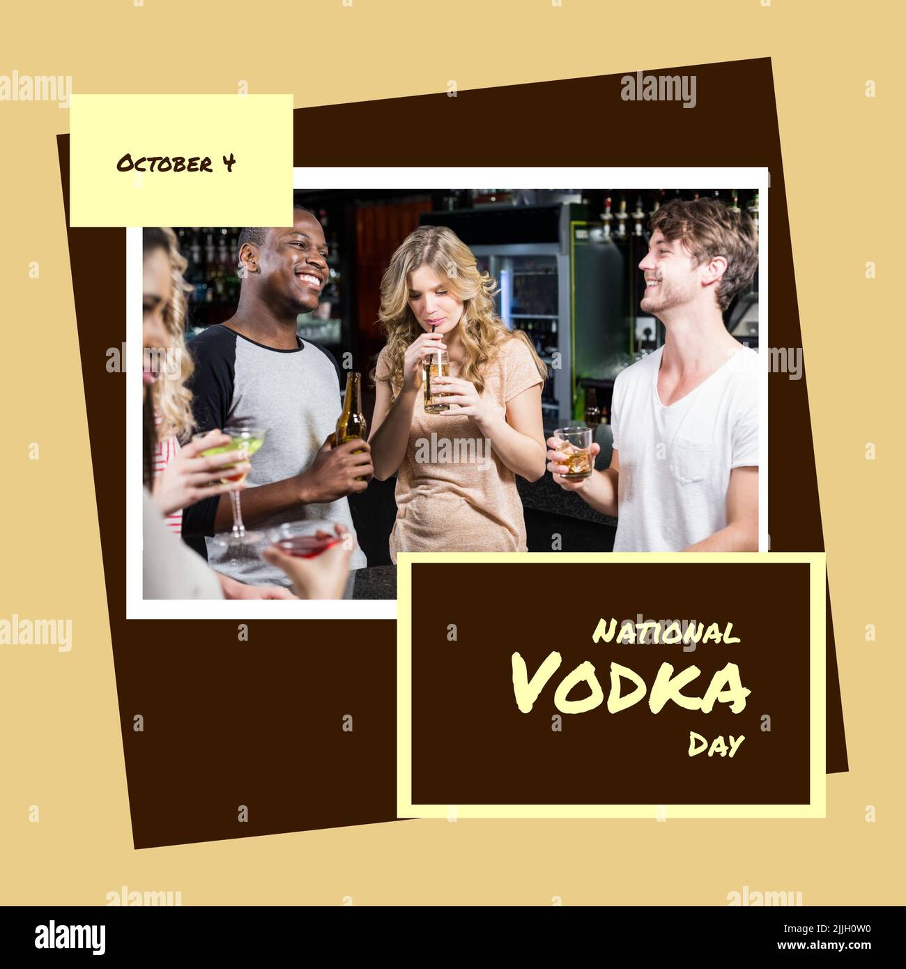 Composition of national vodka day text with diverse people holding