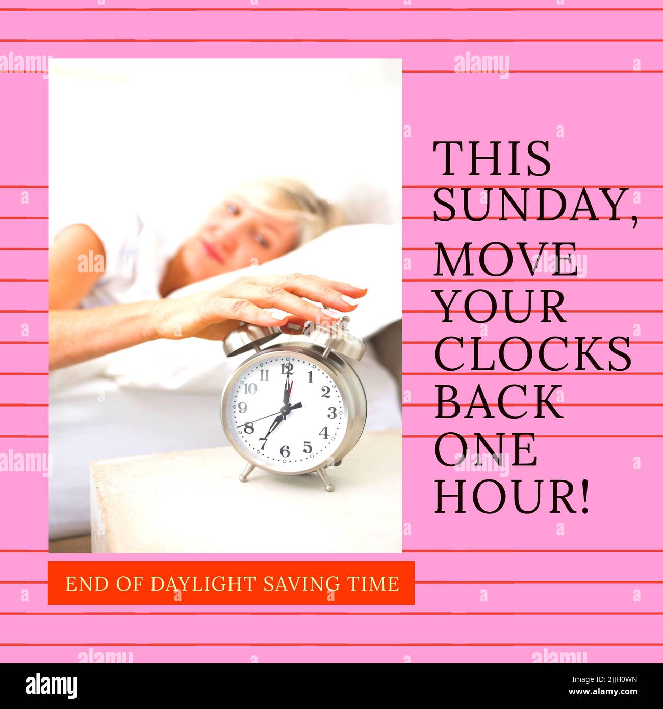 Composition of end of daylight saving time text over caucasian woman