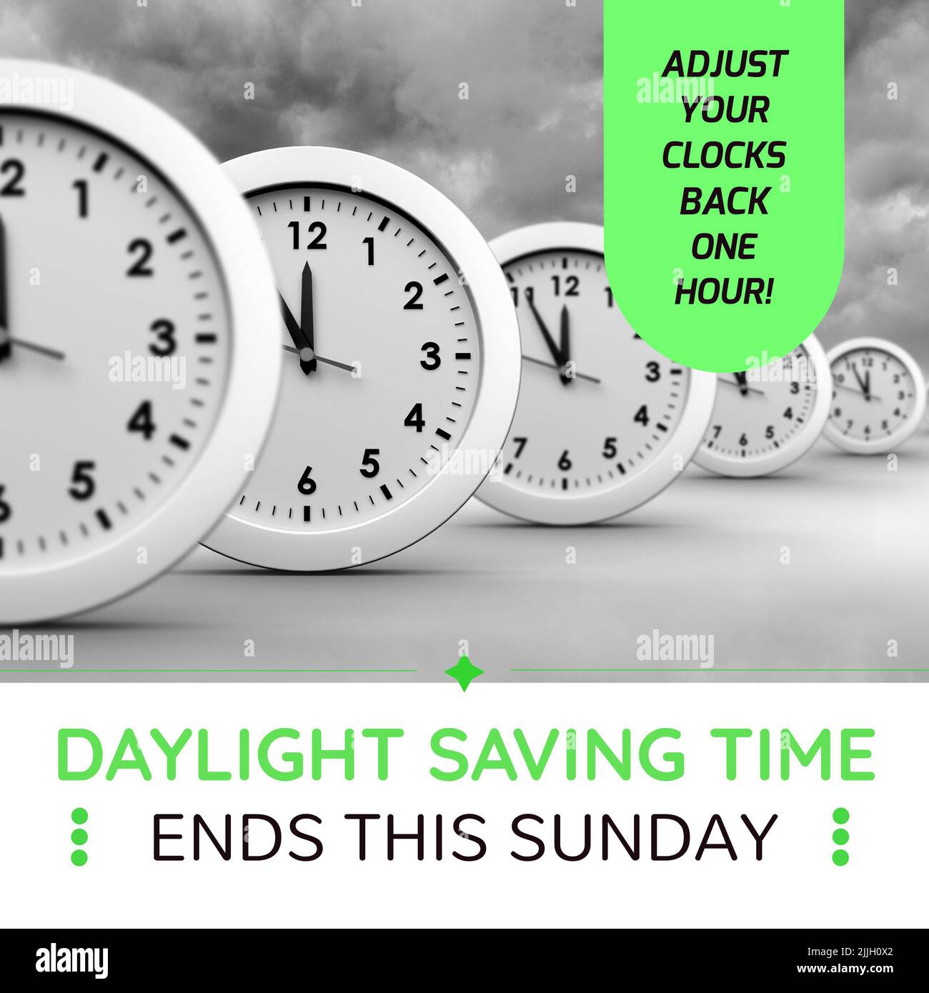 Composition of end of daylight saving time text over clocks Stock Photo