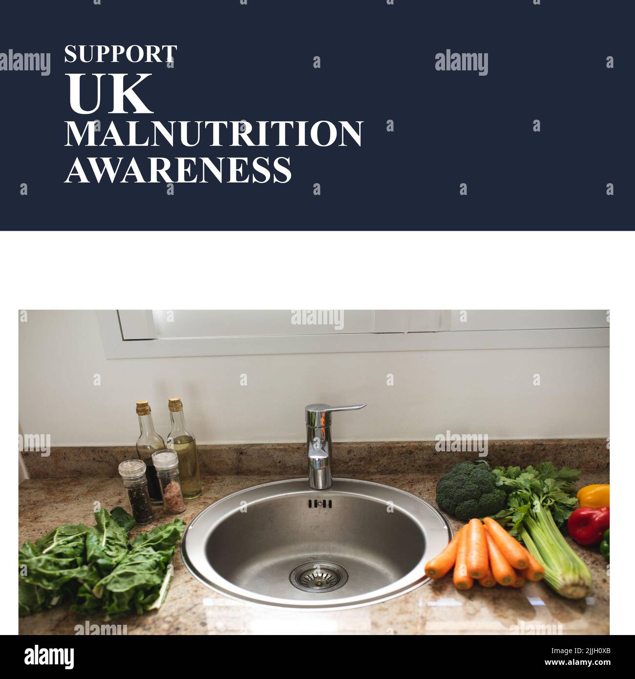 Composition of support uk malnutrition awareness text with vegetables in kitchen Stock Photo