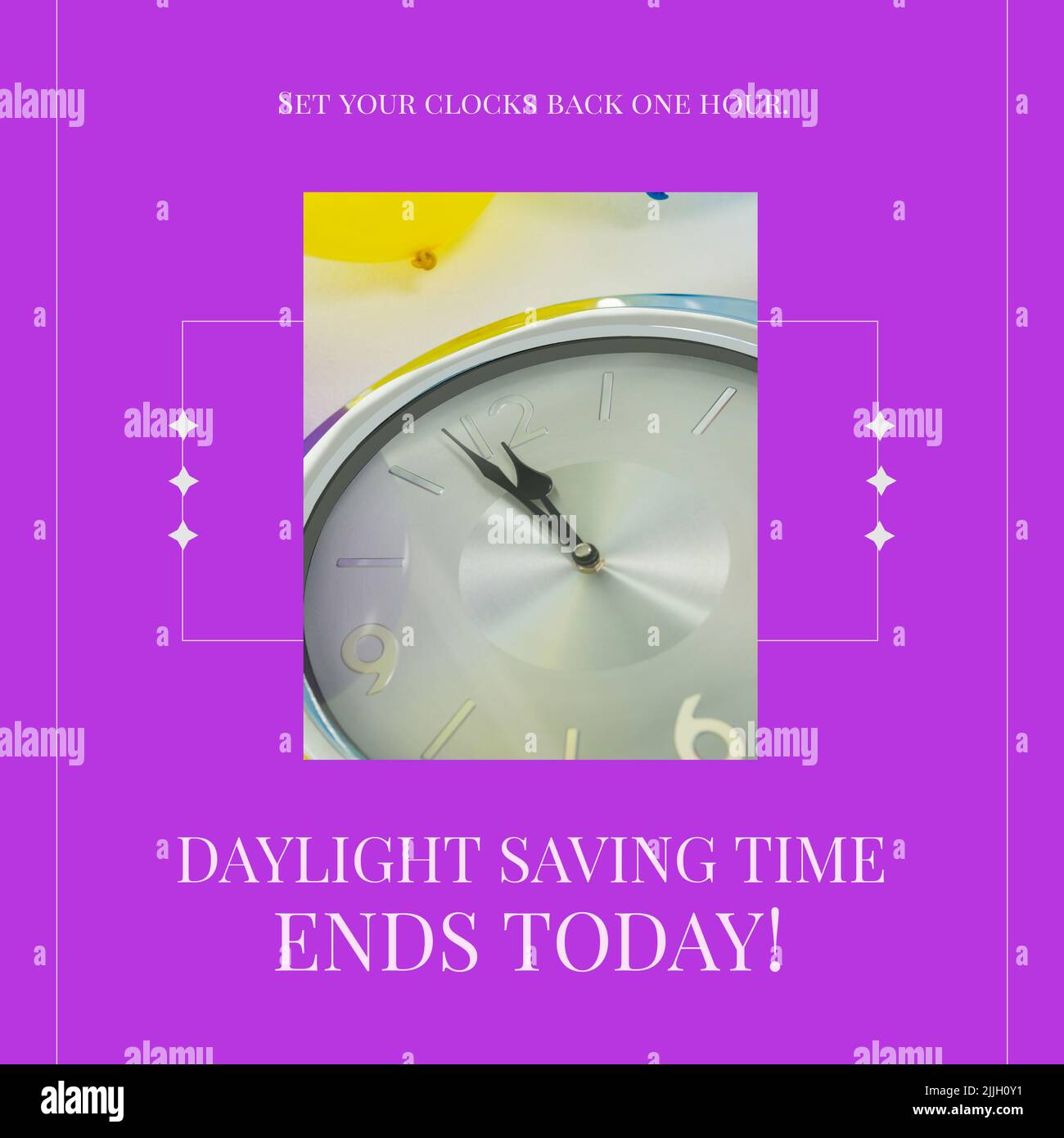 Composition of end of daylight saving time text over clock Stock Photo