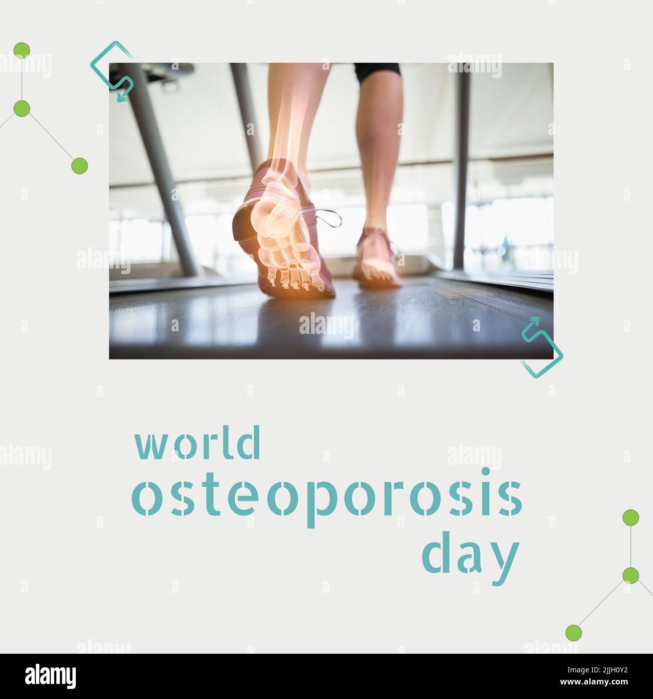 Composition of world osteoporosis day text with diverse people on treadmill on beige background