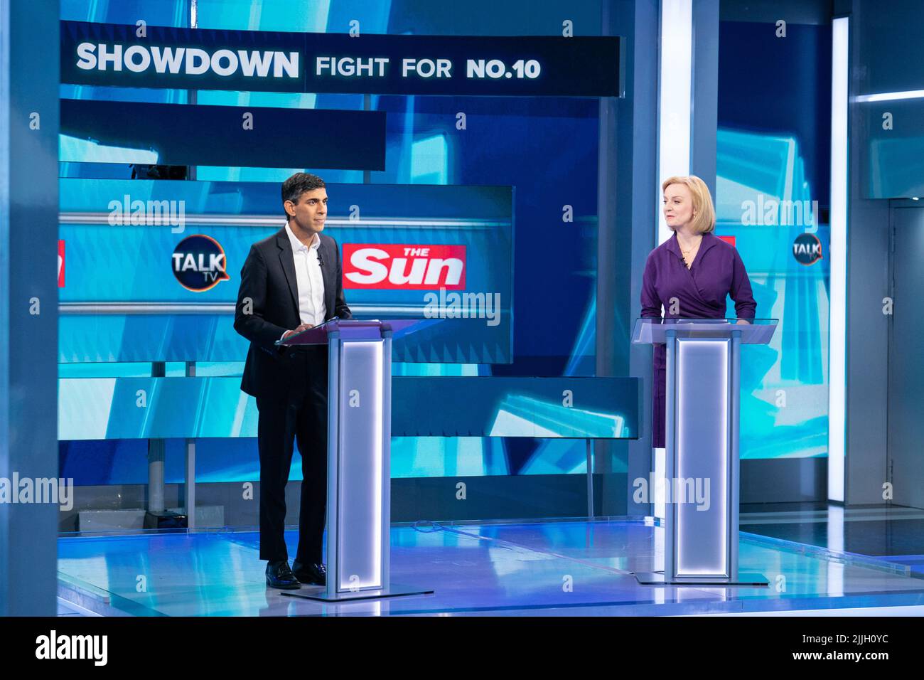 Liz Truss and Rushi Sunak during The Sun's Showdown: The Fight for No10, the latest head-to-head debate for the Conservative Party leader candidates, at TalkTV's Ealing Studios, west London. Picture date: Tuesday July 26, 2022. Stock Photo
