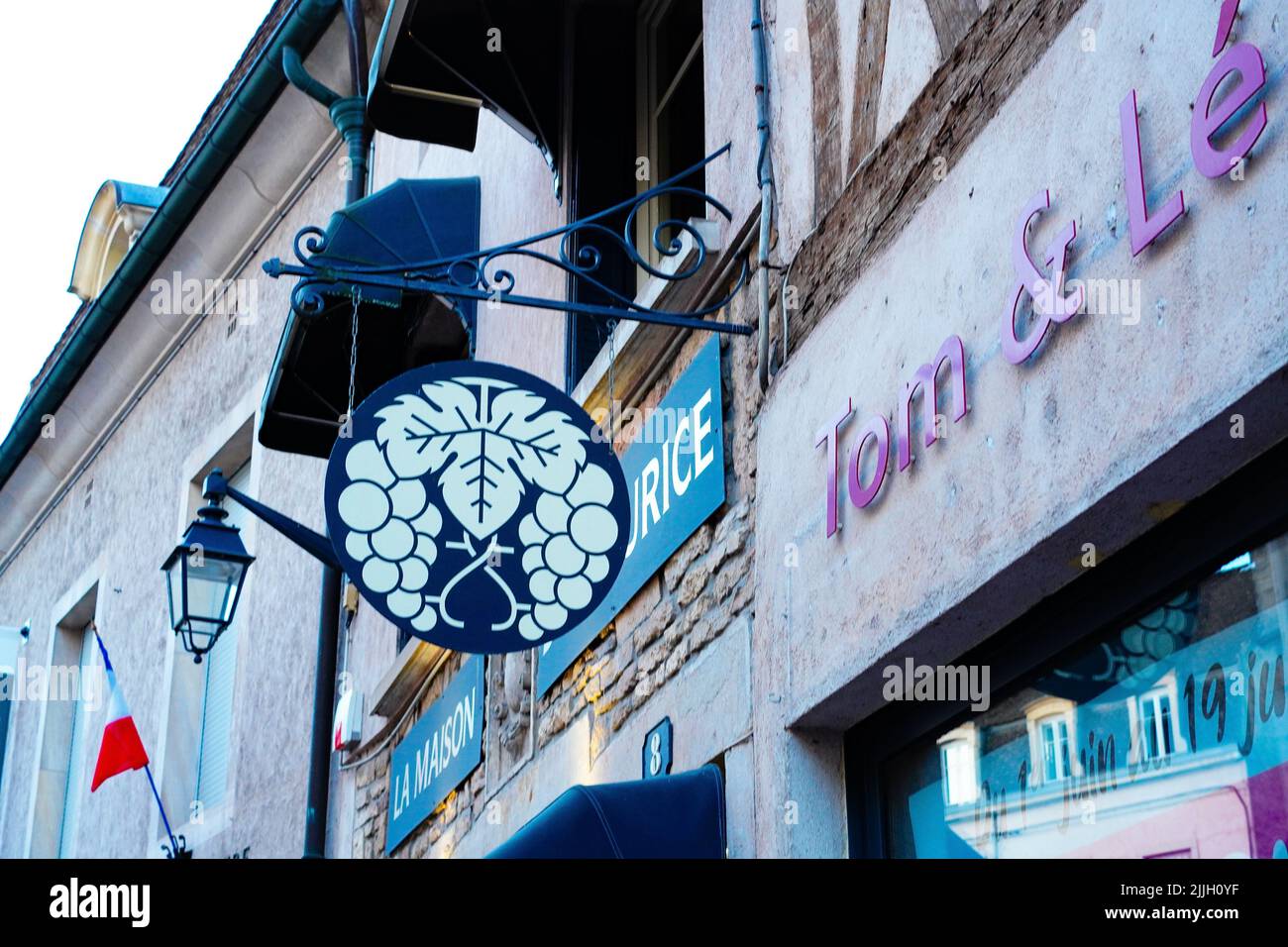 Signboard of a wine store in the winegrowing region of Beaune,France