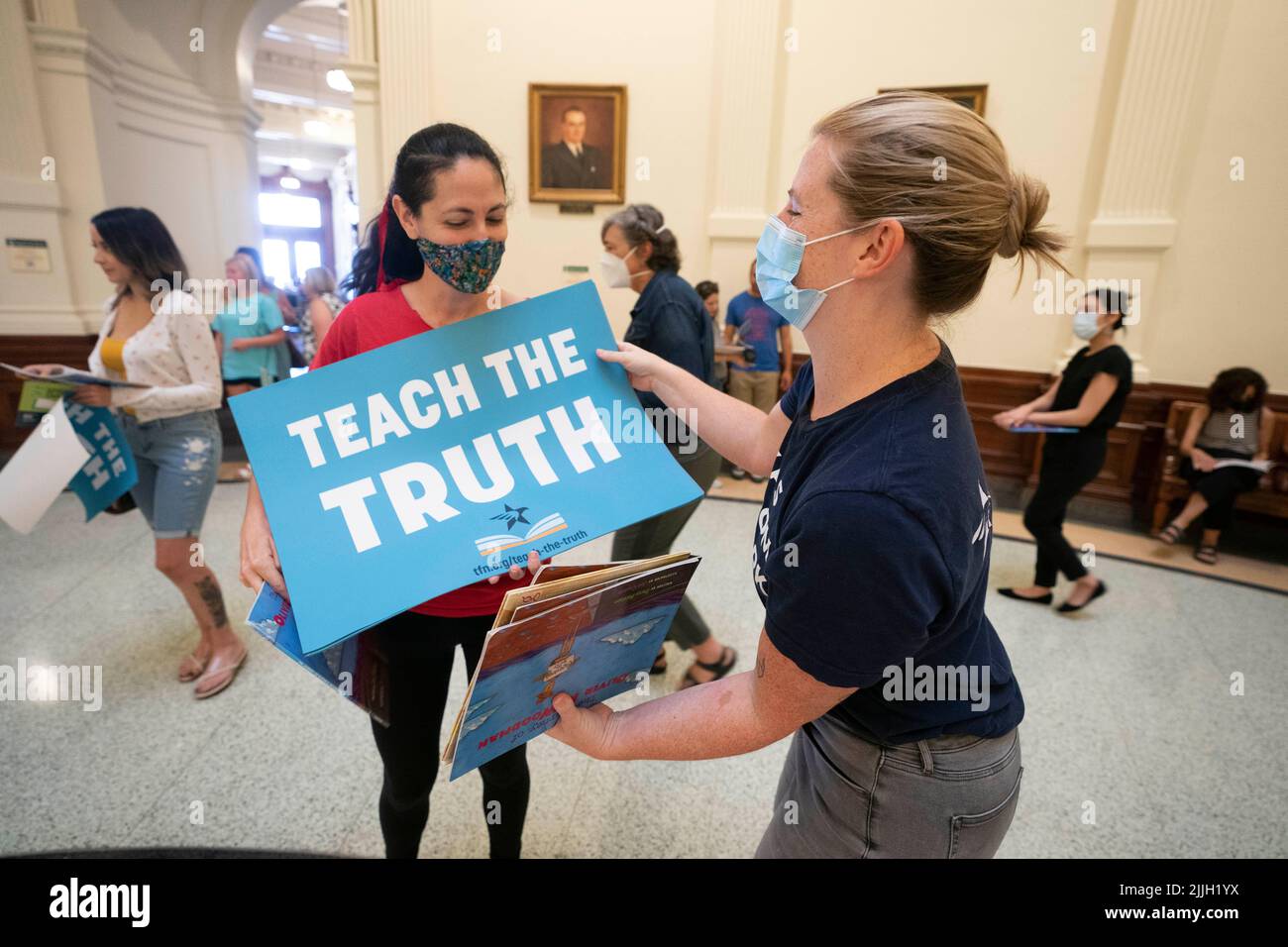 Austin Texas USA, July 26 2022: Activists protesting book censorship in public school classrooms and libraries gather in the Capitol rotunda and read some of the 850 books listed on a Republican lawmaker's list of 'uncomfortable' titles. Stock Photo