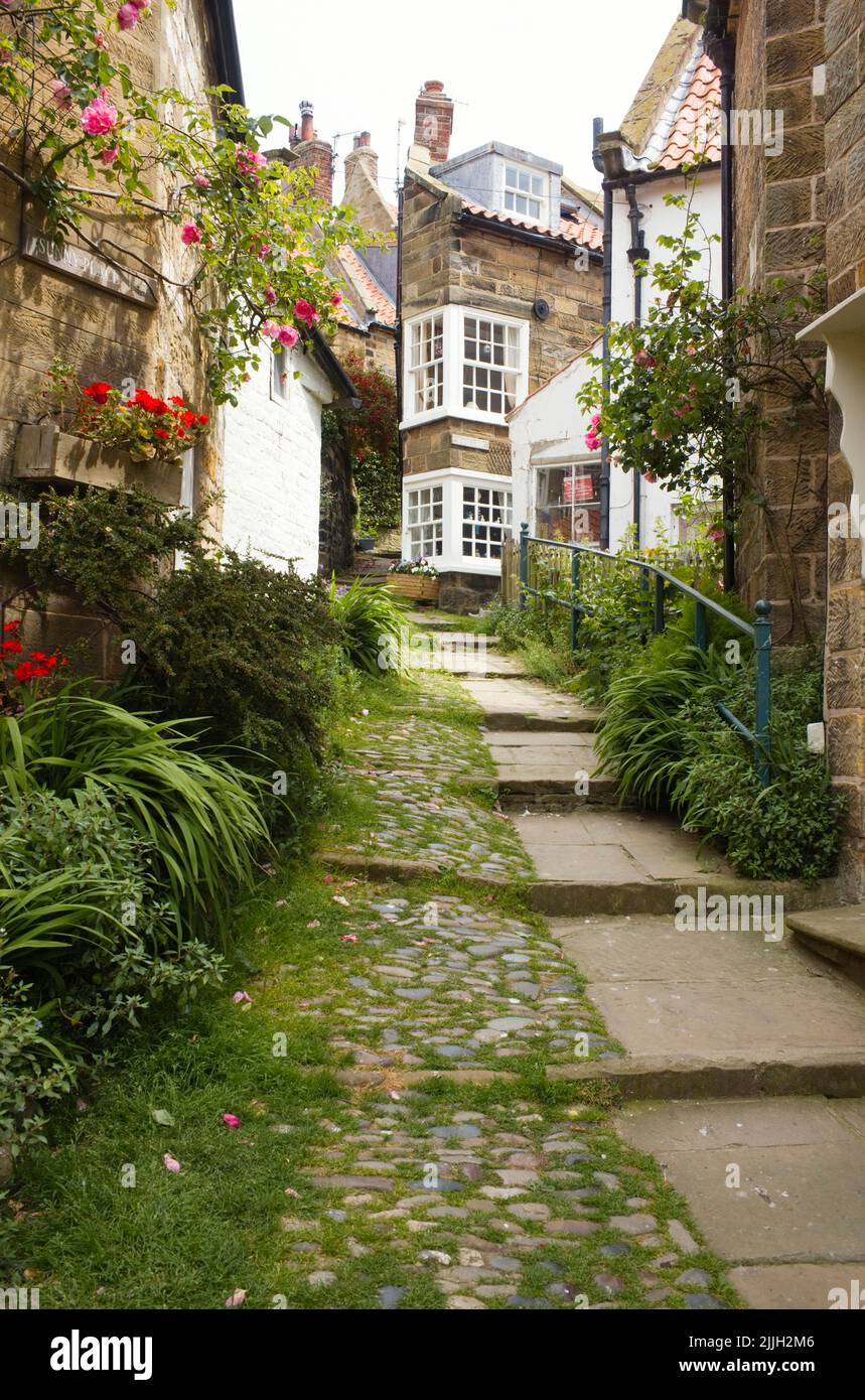 The paths in Robin Hood's Bay are steep and narrow and the houses unusal shapes Stock Photo