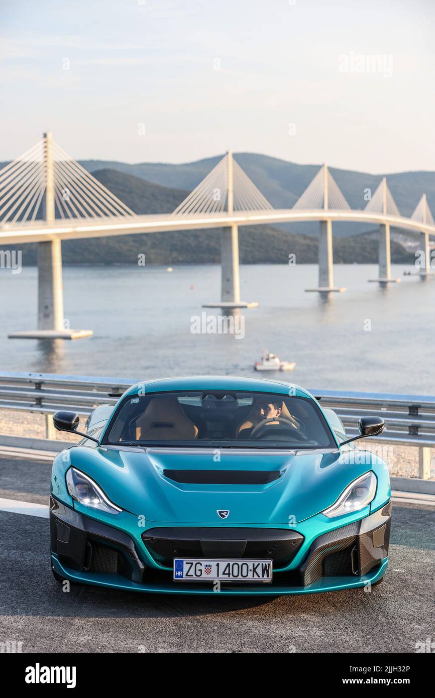 Komarna, Croatia, July 26, 2022. Rimac Nevera is an all-electric sports car  is seen during