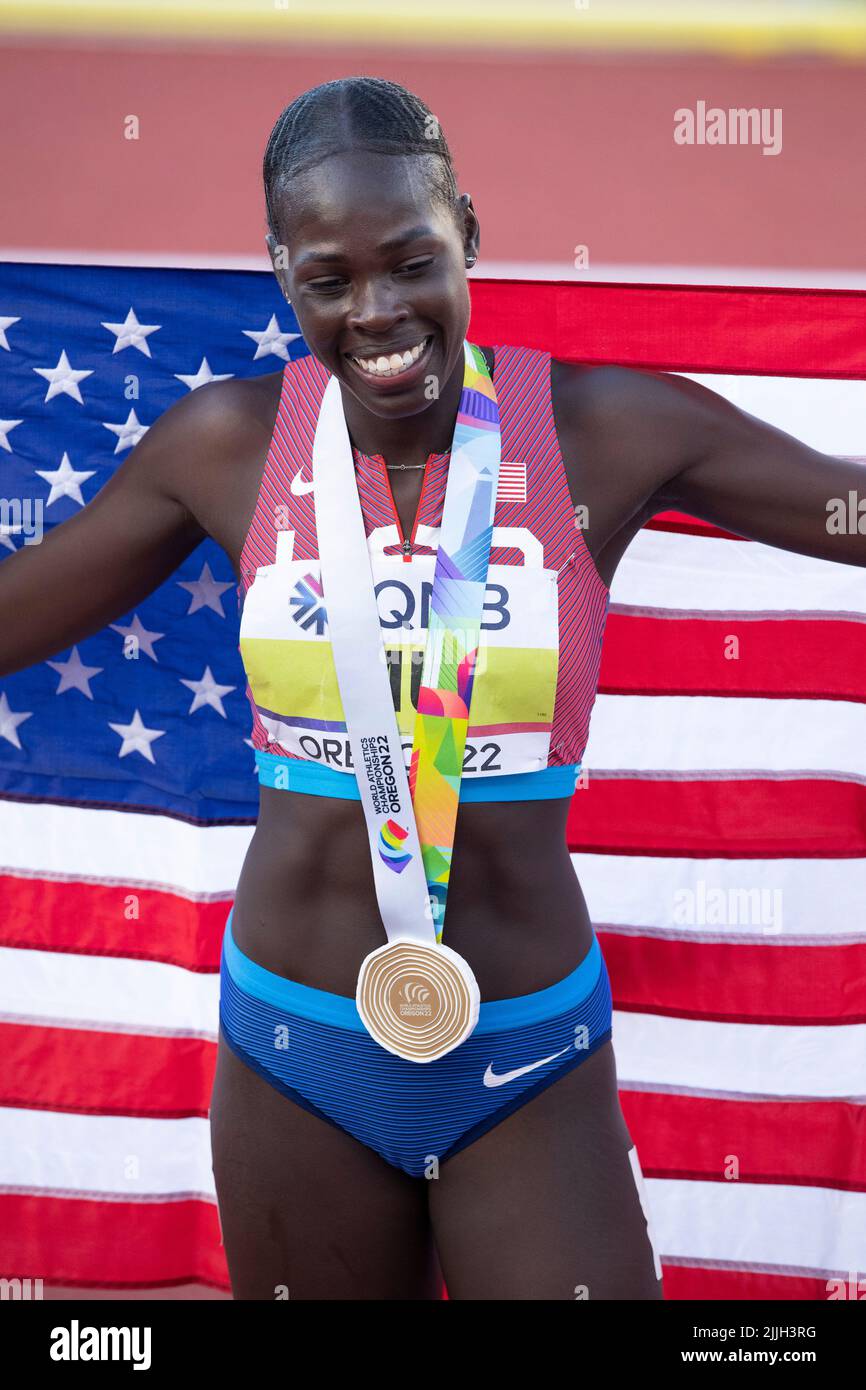 Athing Mu (USA) show off her gold medal after competing in the women’s 800m final on day ten at