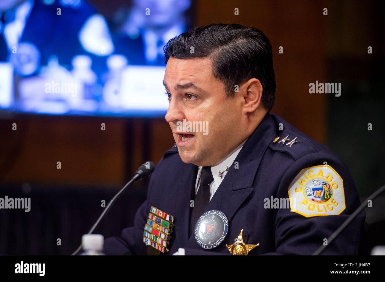 Angel Novalez, Chief of Constitutional Policing And Reform, Chicago Police Department, appears before a Senate Committee on the Judiciary hearing to examine law enforcement officer safety, focusing on protecting those who protect and serve, in the Dirksen Senate Office Building in Washington, DC, Tuesday, July 26, 2022. Credit: Rod Lamkey/CNP Stock Photo