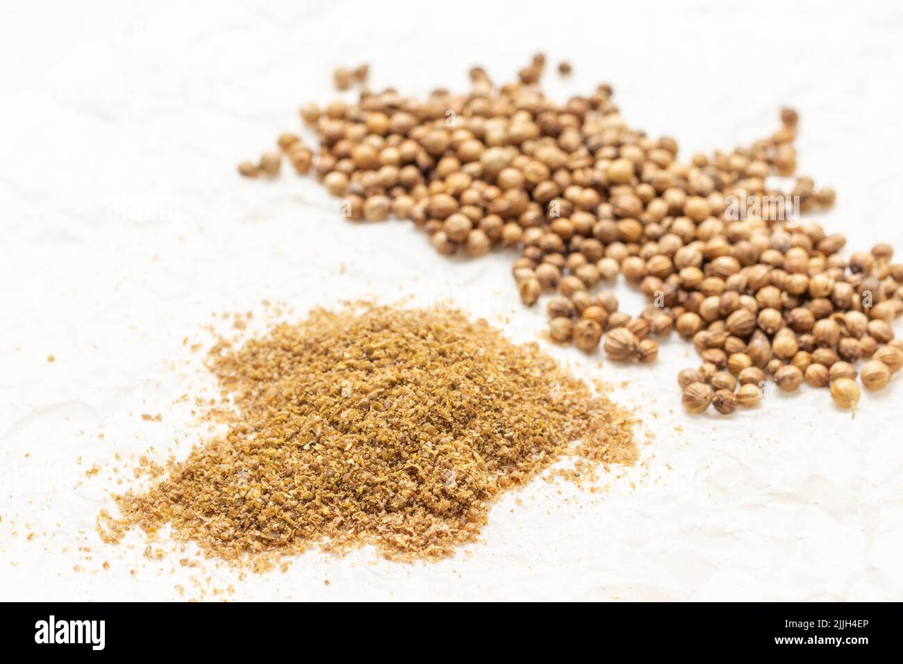 Ground coriander and coriander seeds and on the table. Close up. Top