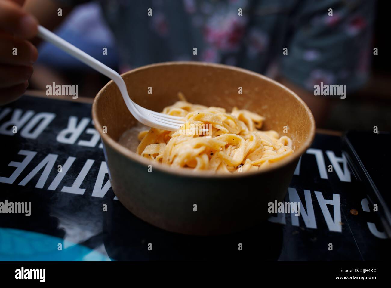 Take away pasta bowl, Camden market street food Stock Photo
