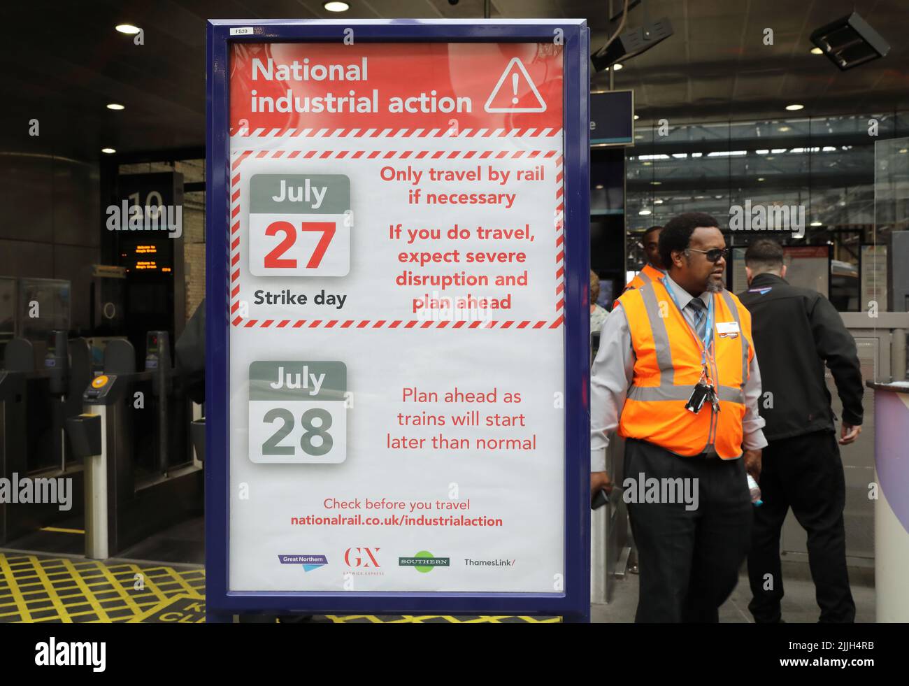 London, UK, 26th July 2022. Warning notices were up at Kings Cross station today, warning passengers of the national train strike on Wednesday and advising them not to travel, with half the network due to shut down. It will cause particular difficulties for those travelling to sporting events including the Womens Euros and the Commonwealth Games. Credit : Monica Wells/Alamy Live News Stock Photo