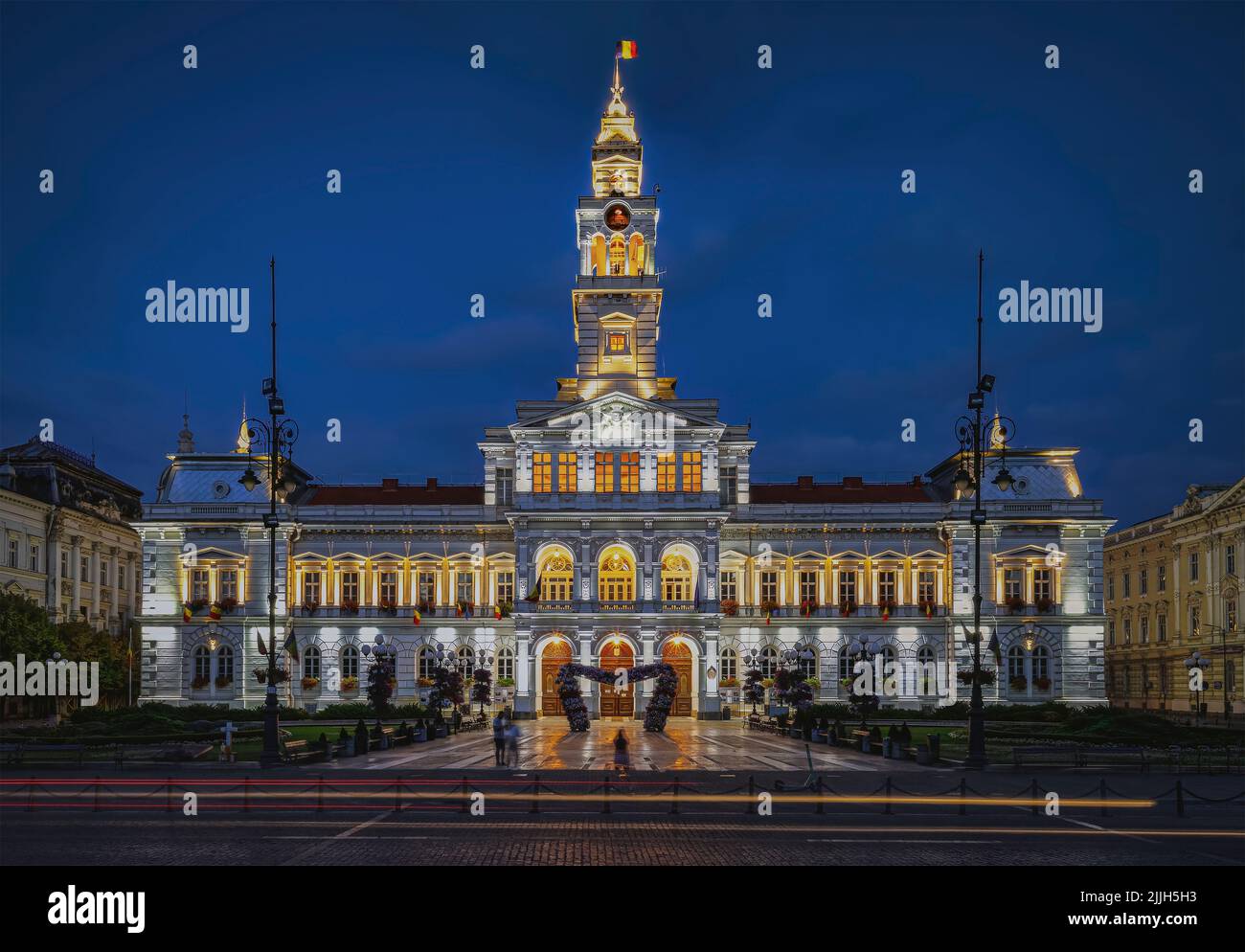 Town hall of Arad city illuminated at the blue hour. Photo taken on ...