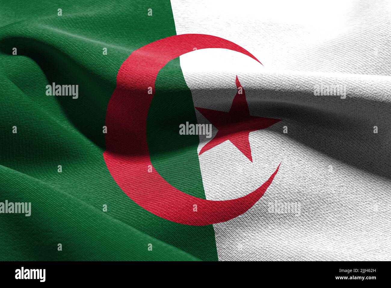 3D illustration closeup flag of Algeria. Waving on the wind flag ...