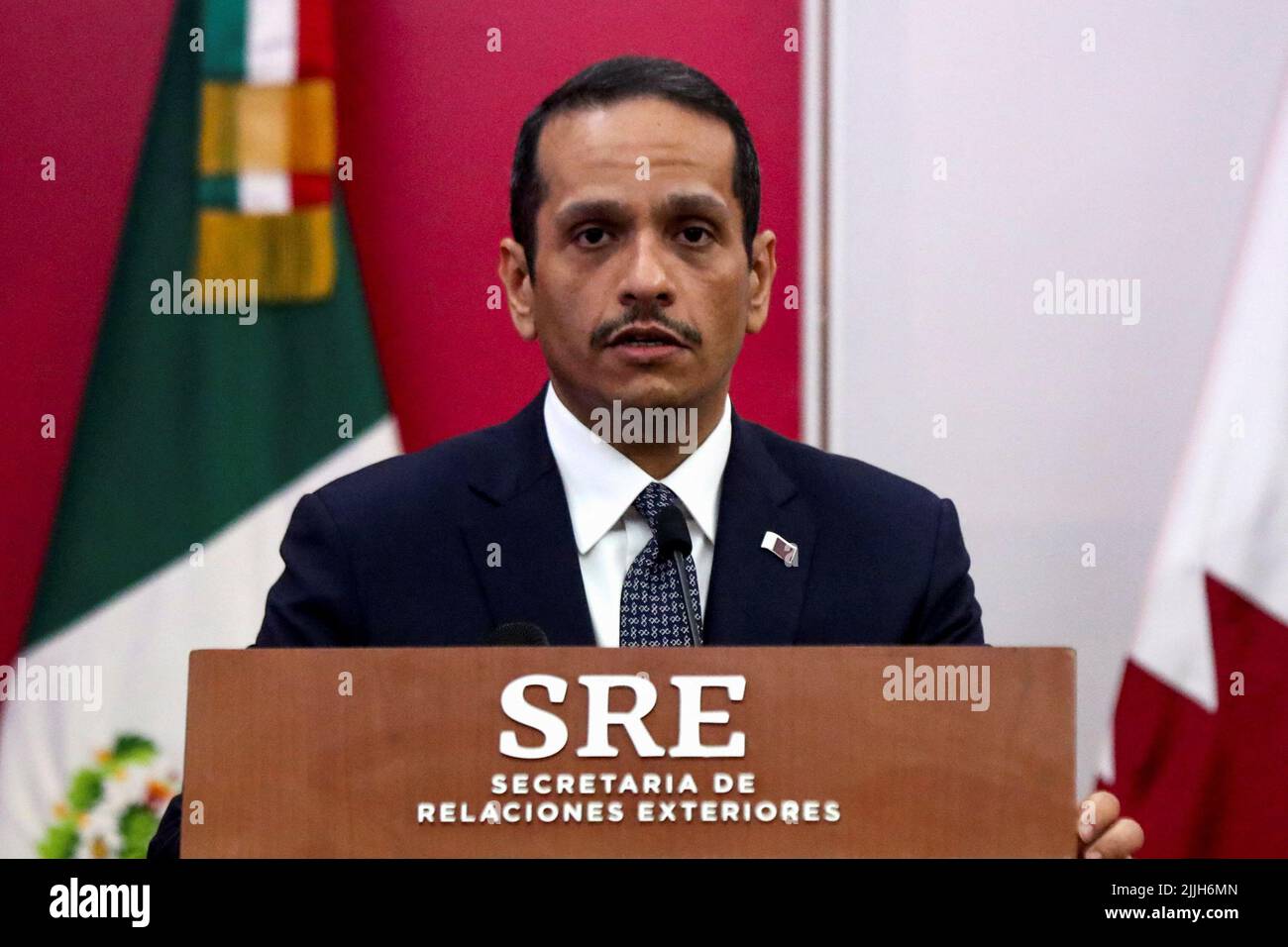 Qatar’s Foreign Minister, Mohammed bin Abdulrahman bin Jassim Al Than, address the media at the Foreign Ministry Building (SRE) in Mexico City, Mexico, July 26, 2022. REUTERS/Edgard Garrido Stock Photo
