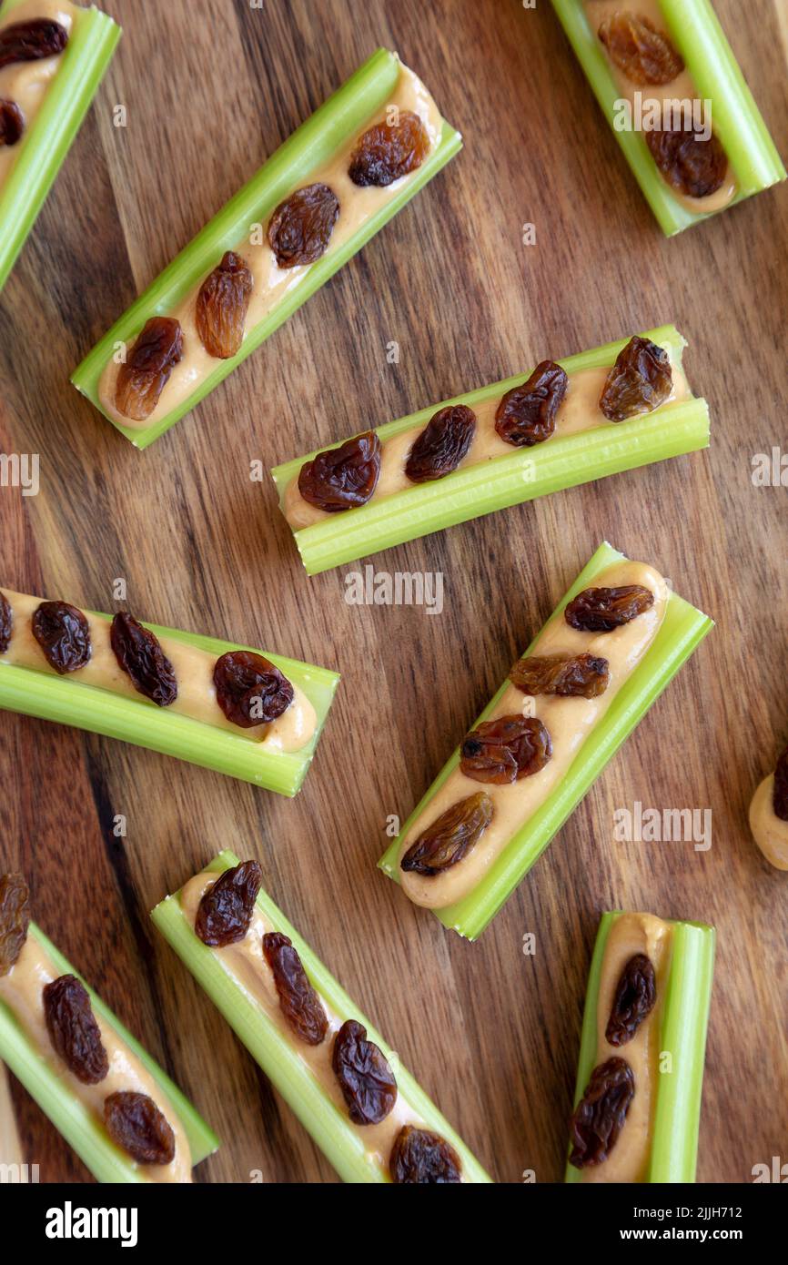 Homemade ants on a log with celery, peanut butter and raisins on a