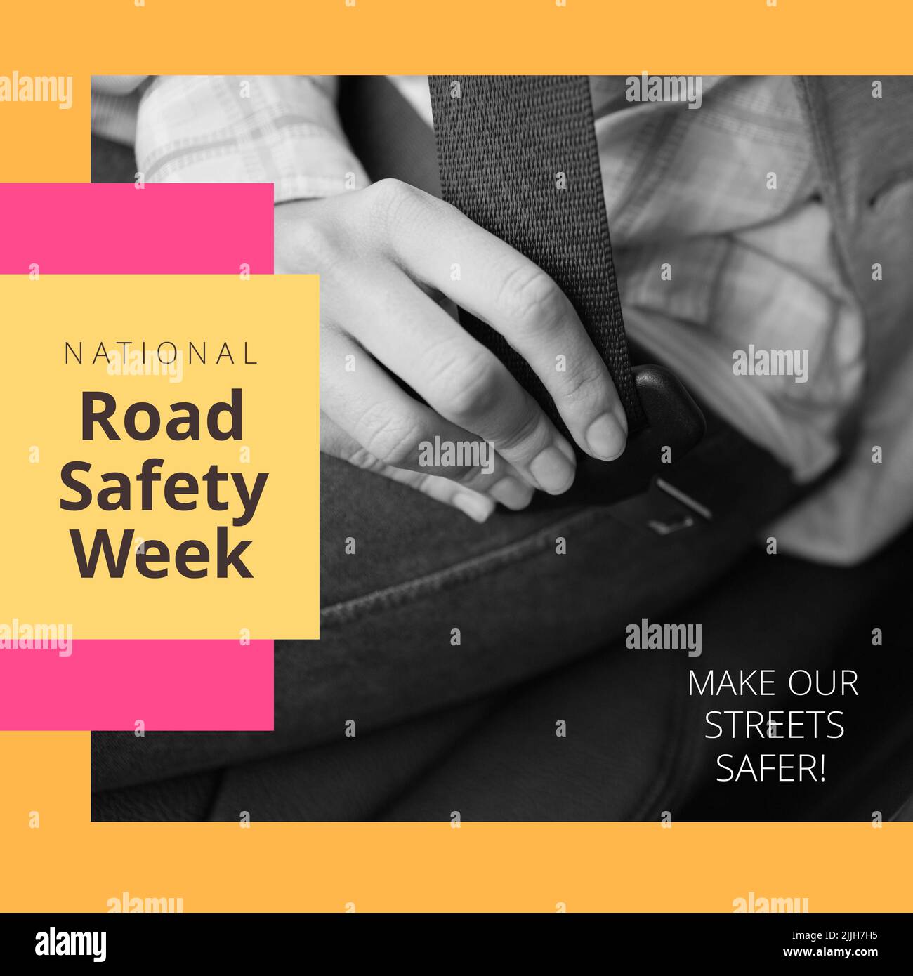 Image of national road safety week over hands of caucasian woman fastening belt Stock Photo