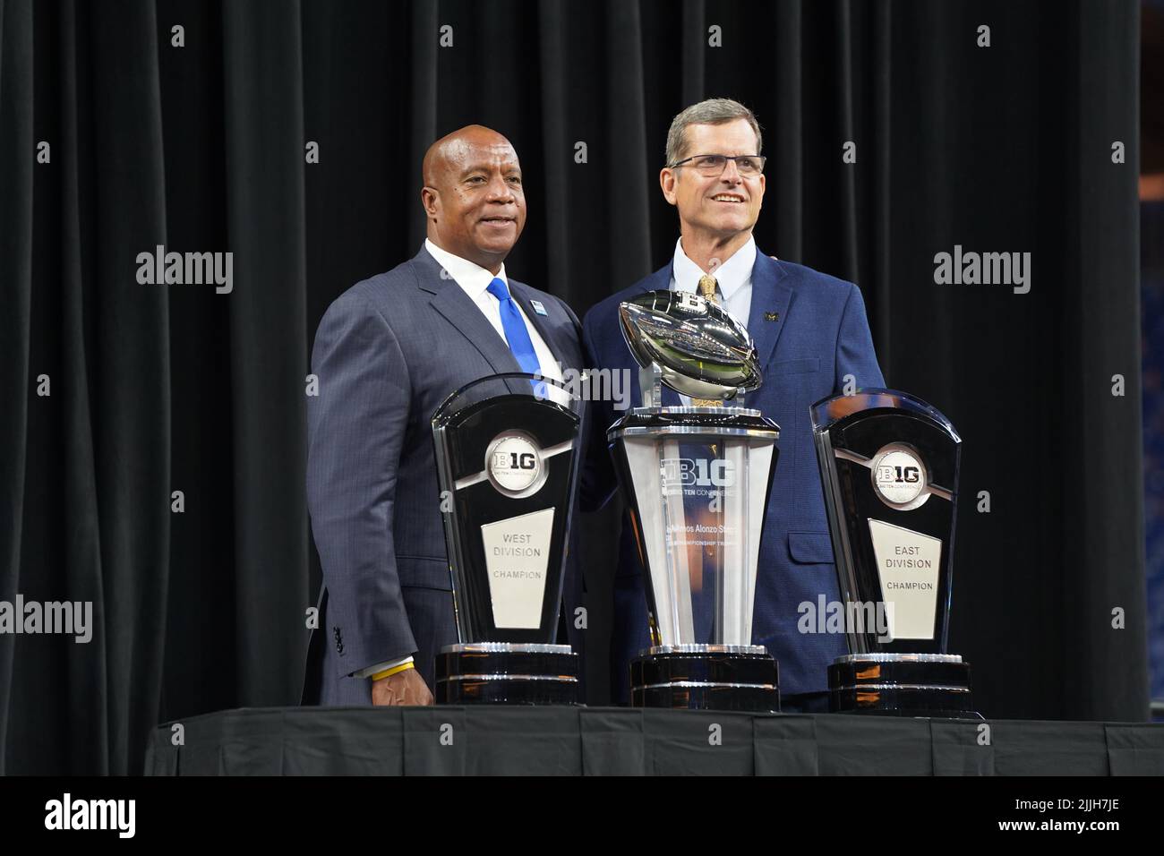 Commissioner Kevin Warren and Michigan Football Head Coach Jim Harbaugh pose for a photo at the Big Ten Media Days 2022 at Lucas Oil Stadium in Indian Stock Photo