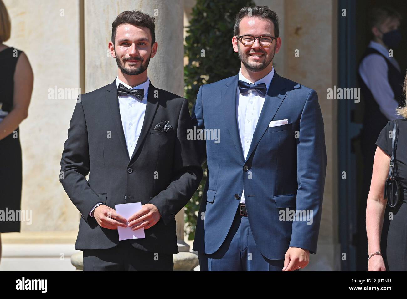 re:Thomas Zippel (2nd mayor of the city of Bayreuth) with male escort. Opening of the Bayreuth Richard Wagner Festival 2022. Red carpet on July 25th, 2022. Green Hill, ? Stock Photo