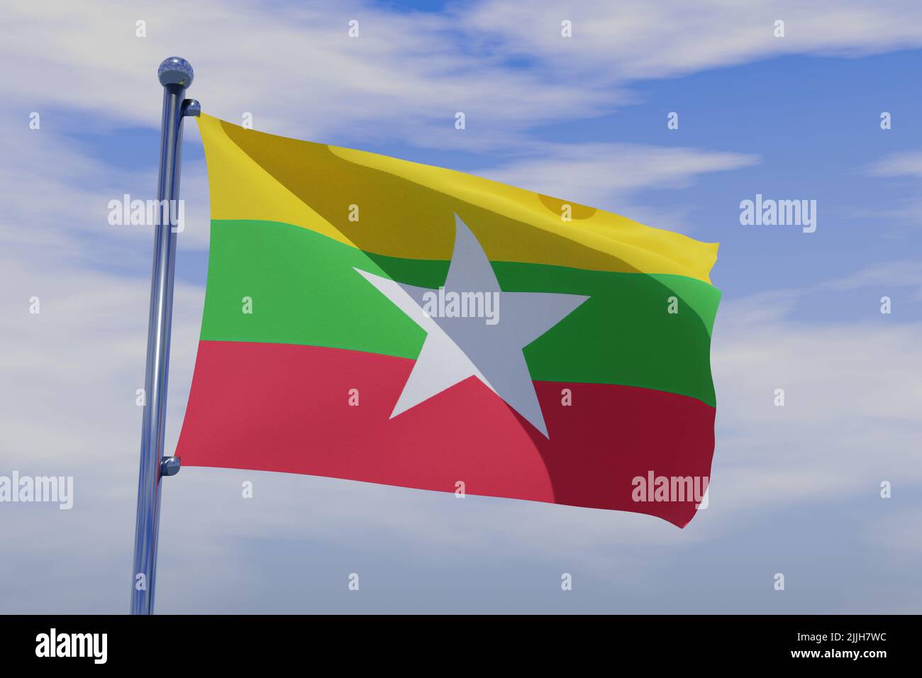 A 3D illustration of waving flag of Myanmar with a chrome flag pole on ...