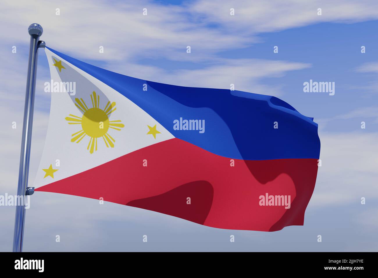 A 3D illustration of waving flag of Philippines with a chrome flag pole ...