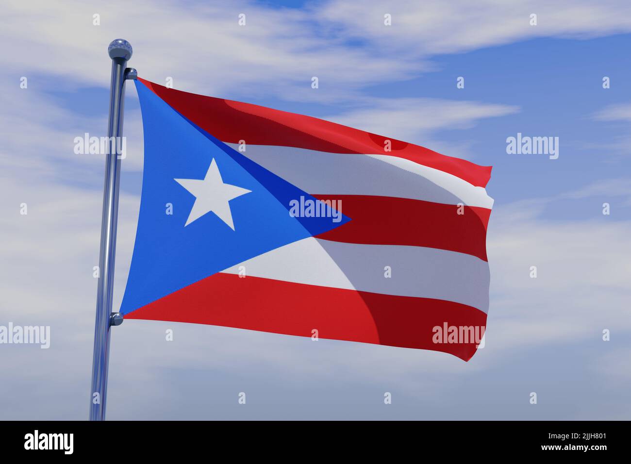A 3D illustration of waving flag of Puerto Rico with a chrome flag pole ...