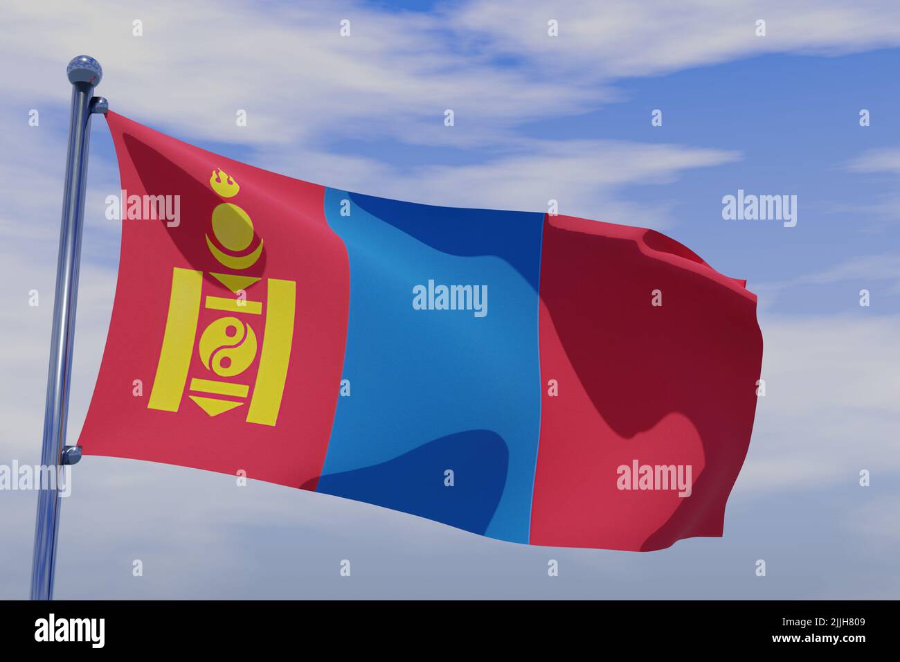 A 3D illustration of waving flag of Mongolia with a chrome flag pole on ...