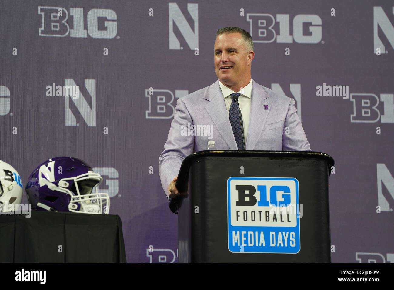 Northwestern Football Head Coach Pat Fitzgerald speaks at the Big Ten Media Days 2022 at Lucas Oil Stadium in Indianapolis, IN on July 26, 2022. (Scott Finkelmeyer/Image of Sport) Photo via Credit: Northwestern Football Head Coach Pat Fitzgerald speaks at the Big Ten Media Days 2022 at Lucas Oil Stadium in Indianapolis, IN on July 26, 2022. (Scott Finkelmeyer/Image of Sport) Photo via Credit: