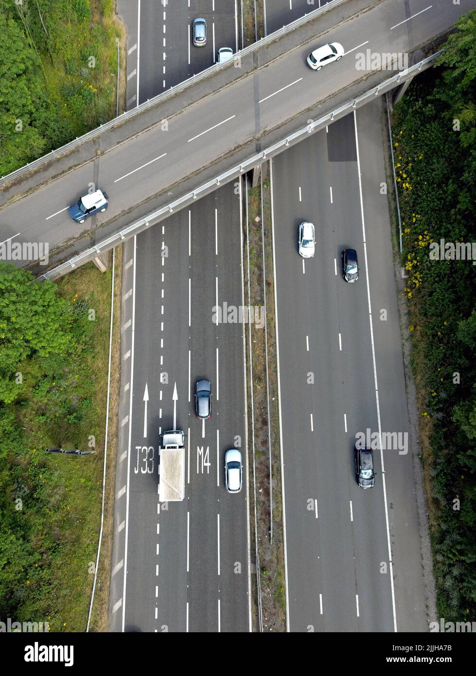 Llantrisant, Wales July 2022 Aerial view of vehicles over road